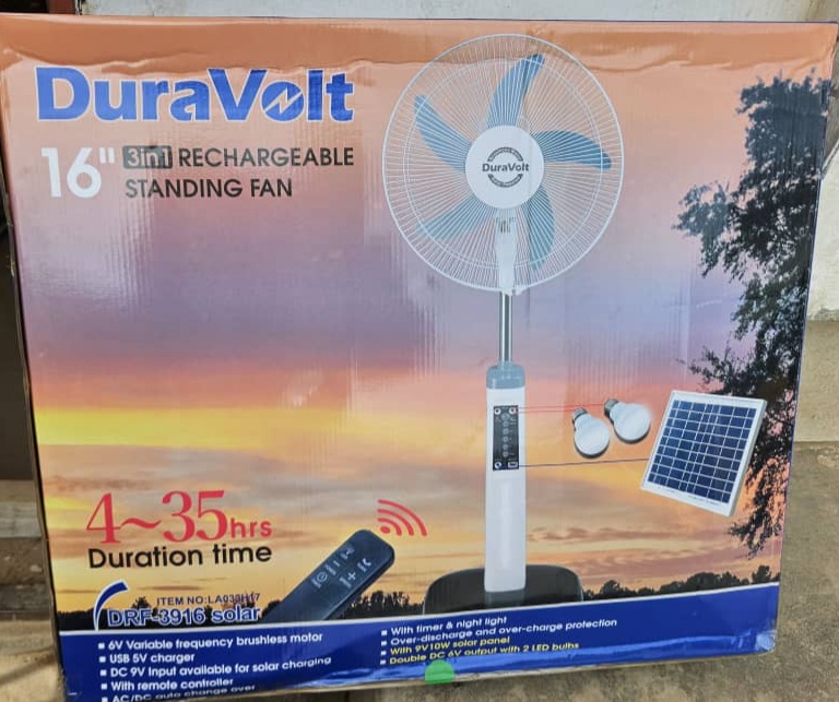 16″ 3in1 Duravolt Fan with Solar Panel Rechargeable and Solar with Bulb