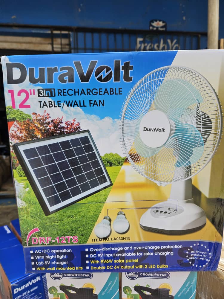 Duravolt 12 Inches Table Fan with Solar Panel and 2 Bulbs