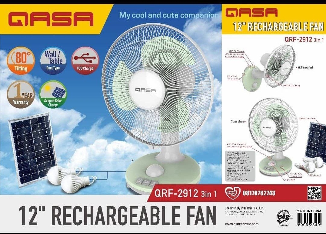 12 inches Qasa Rechargeable Table fan with Solar Panel and 2 Bulbs
