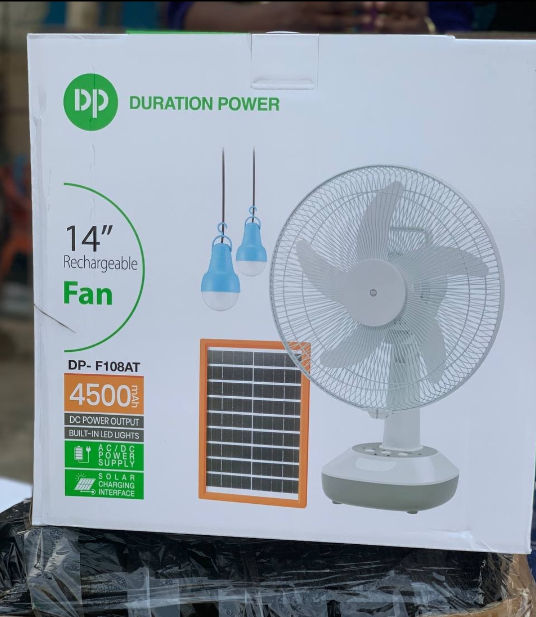14 Inches DP Rechargeable Table Fan with Solar Panel and 2 Bulbs 