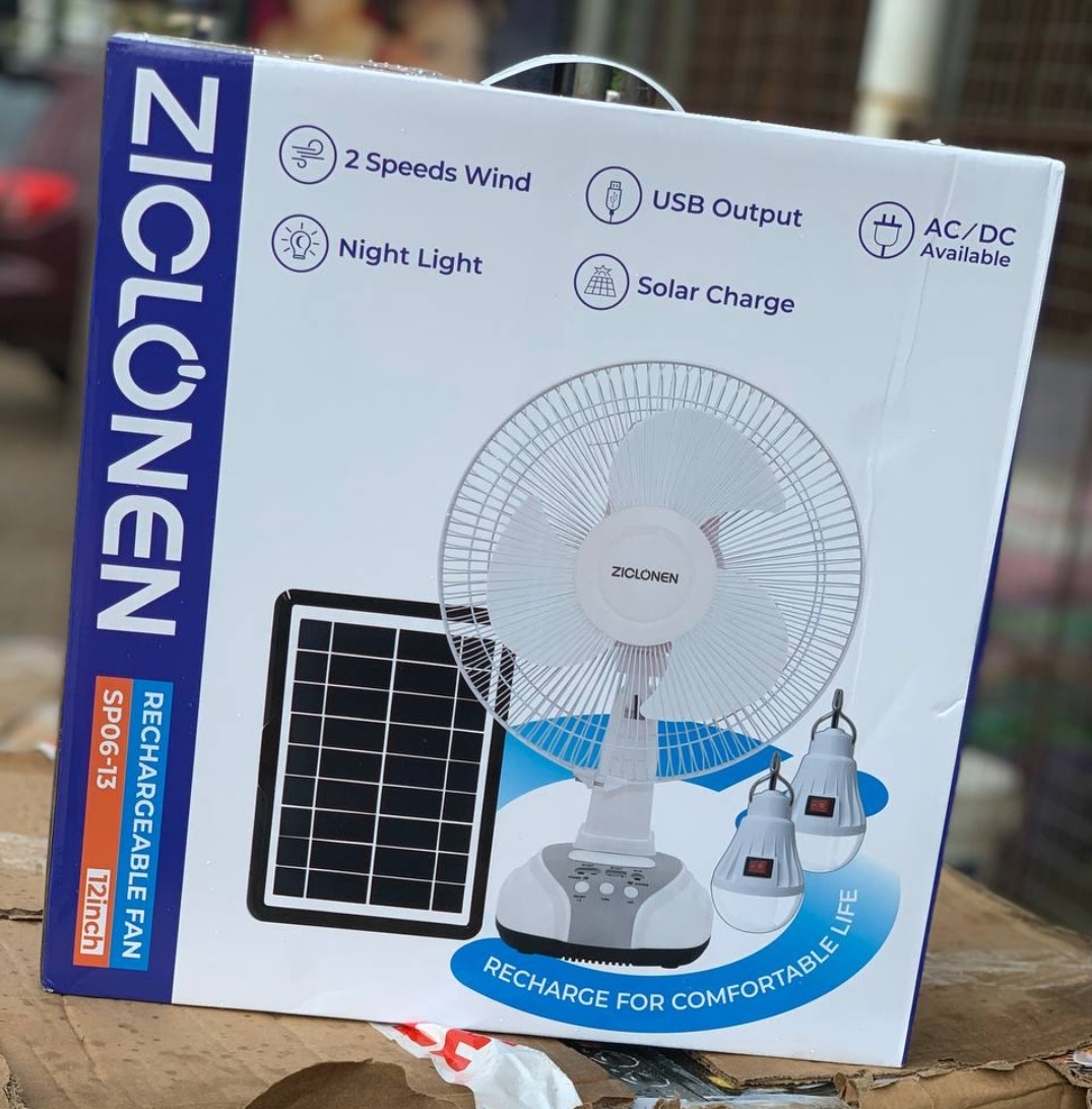 Ziclonen 12 inches Table Fan with 2 Bulbs and Solar Panel 